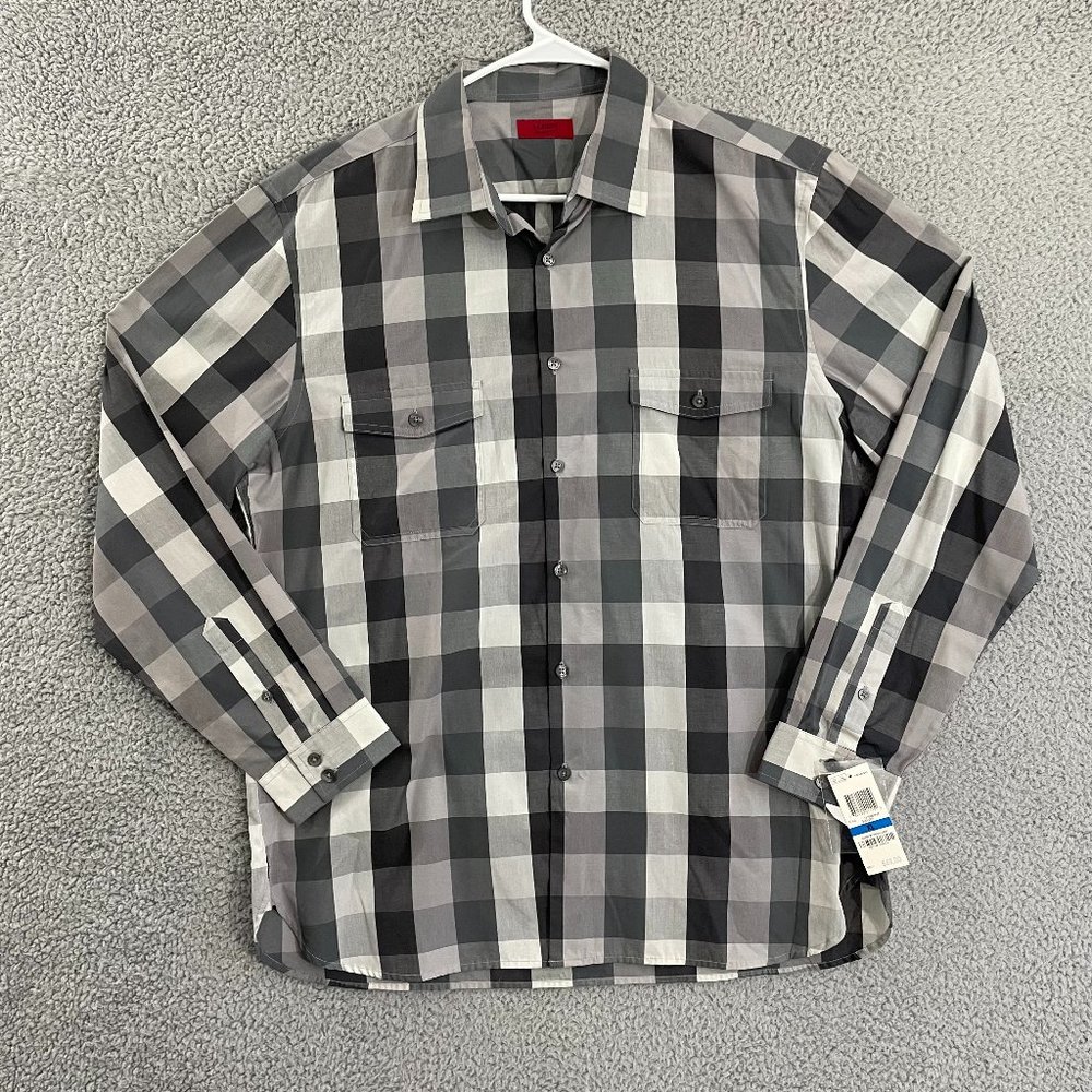 Alfani Shirt Men XL Slim Fit Gray White Plaid Long Sleeve Button Down